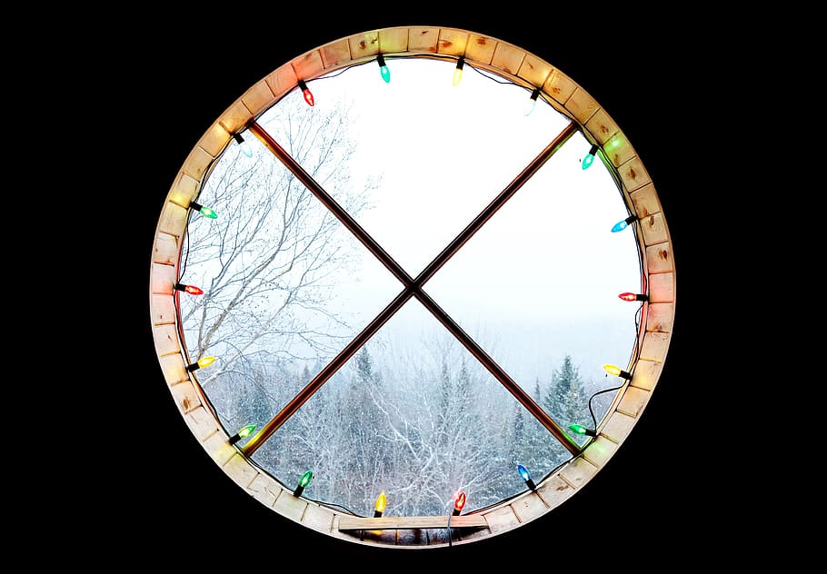 window, christmas lights, string lights, winter, trees, circle HD wallpaper