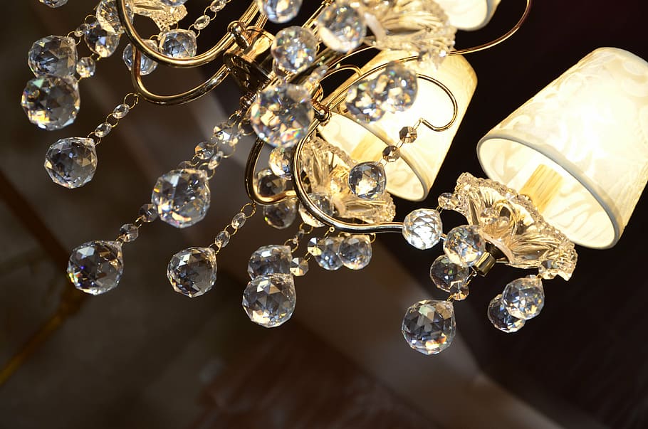 silver uplight chandelier is on, lights, luxury, crystals, luster, HD wallpaper