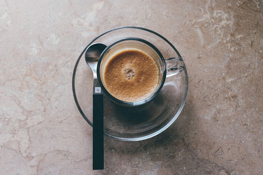 coffee on clear glass mug and saucer, espresso, cup, coffee cup HD wallpaper