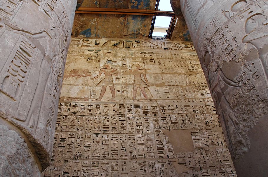 egypt, thebes, medinet-habu, temple, hieroglyphs, color, wall, HD wallpaper