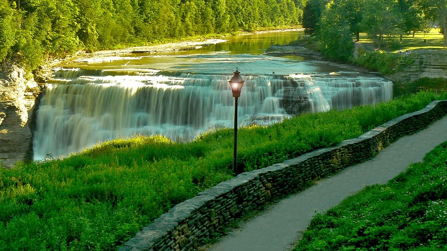 waterfall, path, nature, forest, travel, park, landscape, green HD wallpaper