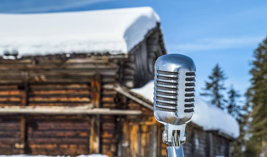 snow, hut, microphone, log cabin, technology, communication HD wallpaper