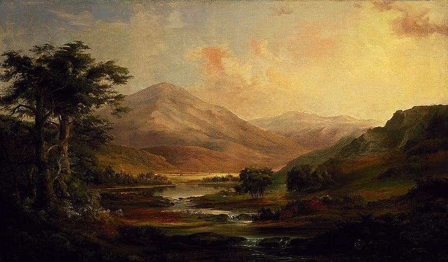 trees near river with mountain in the background painting, robert duncanson