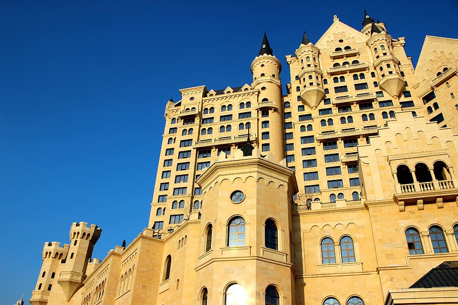 hotel, castle, blue sky, built structure, architecture, building exterior HD wallpaper