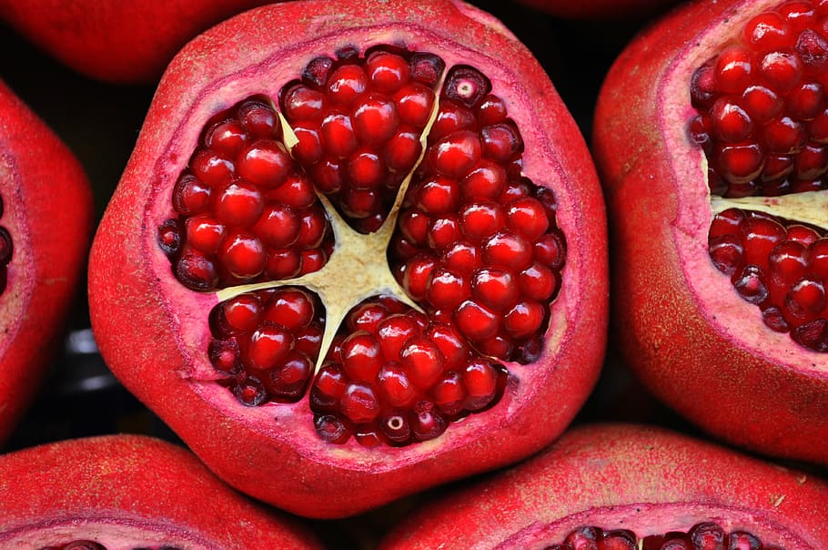 red pomegranate, fruit, exotic fruit, cut fruit, the fruit red, HD wallpaper