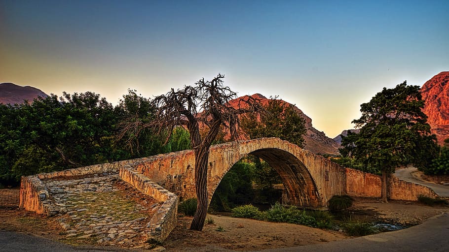 mountain range photograph, bridge, historically, nature, tree HD wallpaper