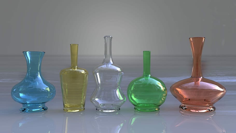 blue, yellow, clear, green, and pink glass decanters, bottle HD wallpaper