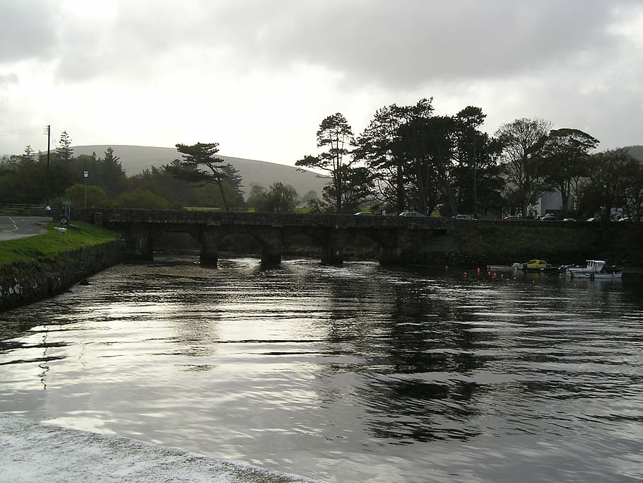 river, bridge, ireland, stream, water, scenic, landscape, sky HD wallpaper