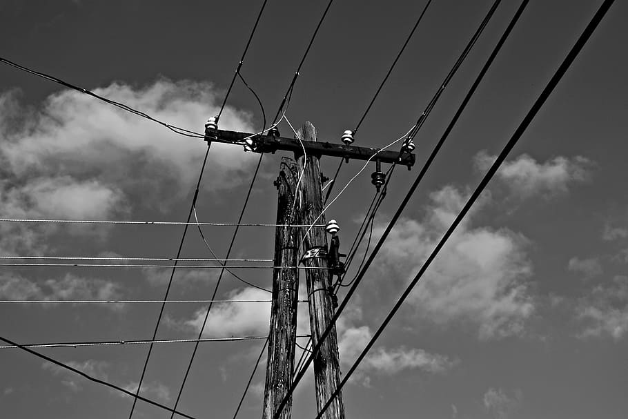 black and white, pylon, cable, current, villanypózna, energy HD wallpaper