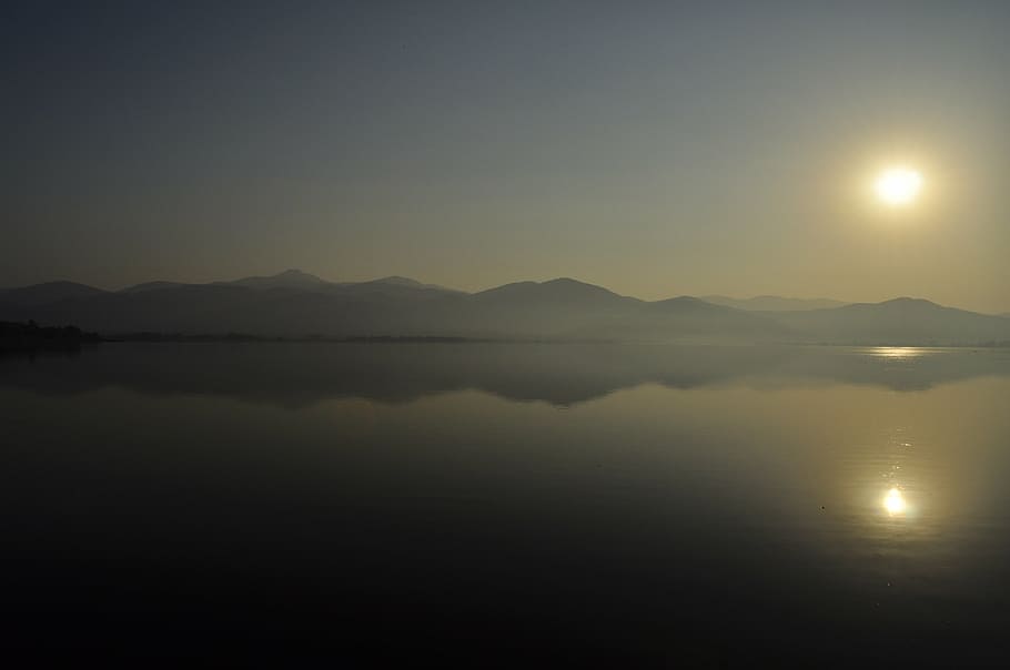 sunset, greece, sea, water, mountain, horizon, dusk, reflection HD wallpaper