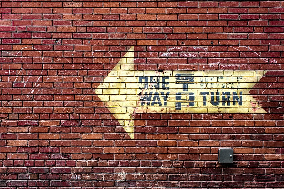 One Way signage on red brick wall, arrow, architecture, built structure HD wallpaper