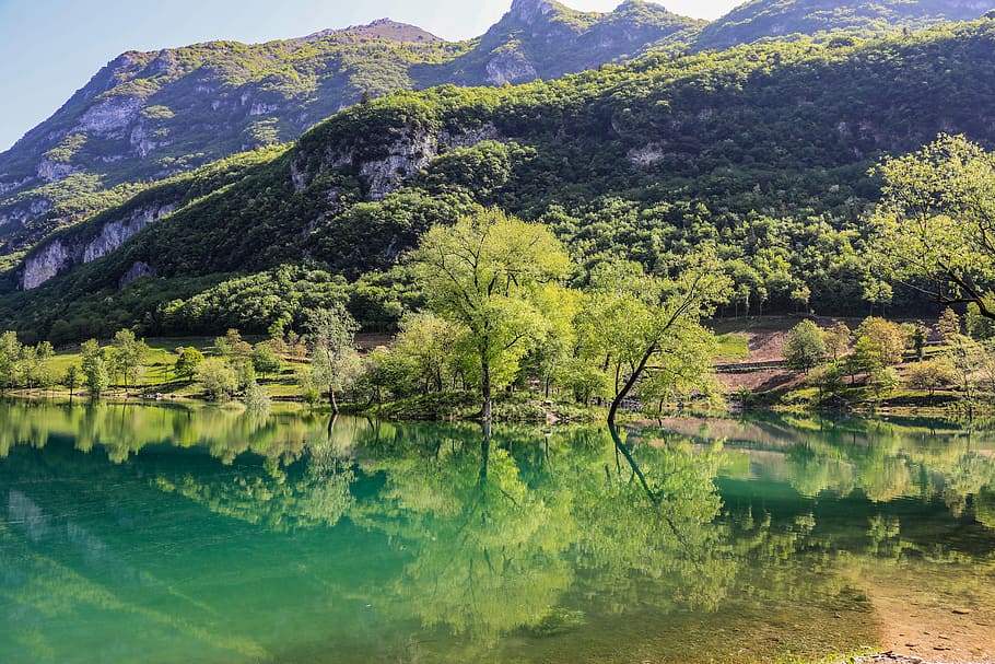 waterfront, lakeside, mountains, landscape, nature, mood, wood HD wallpaper