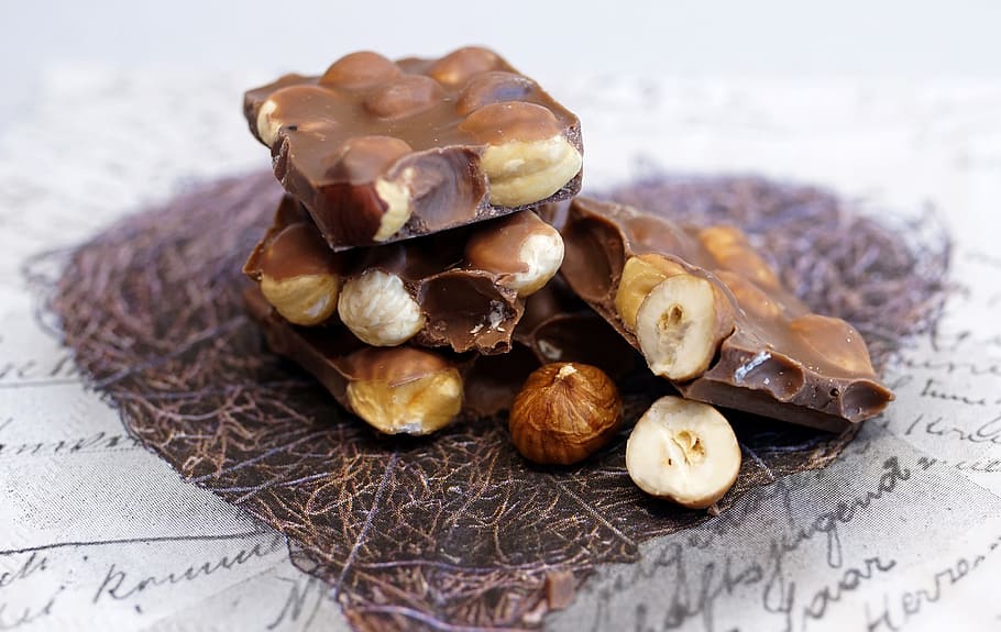 chocolate with nut bars, nut chocolate, sweet, nibble, chocolate bar HD wallpaper