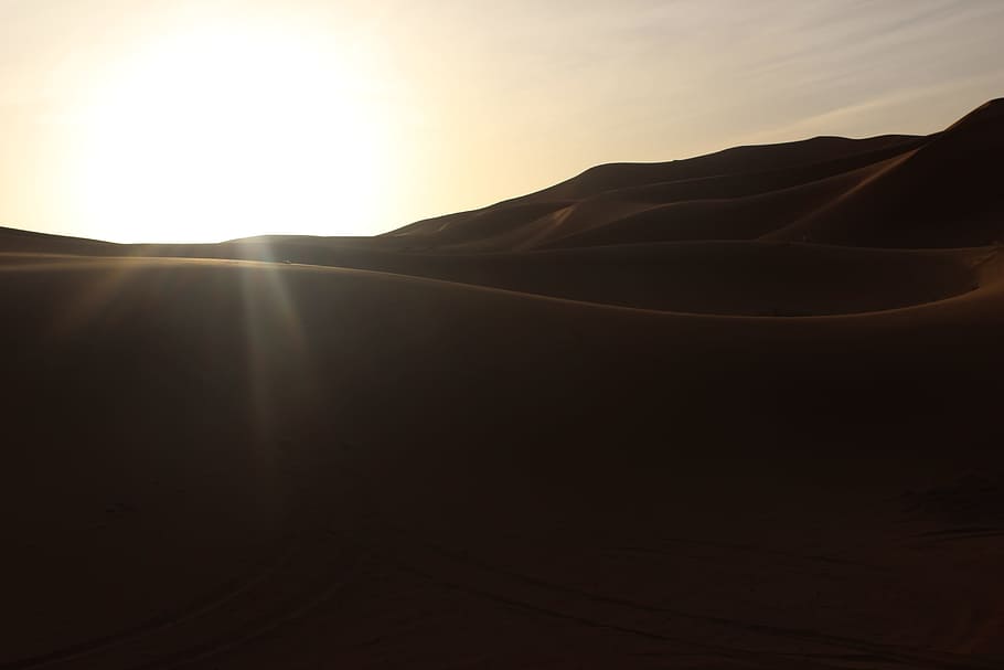 landscape photography of sunrise, silhouette photo of desert during daytime HD wallpaper