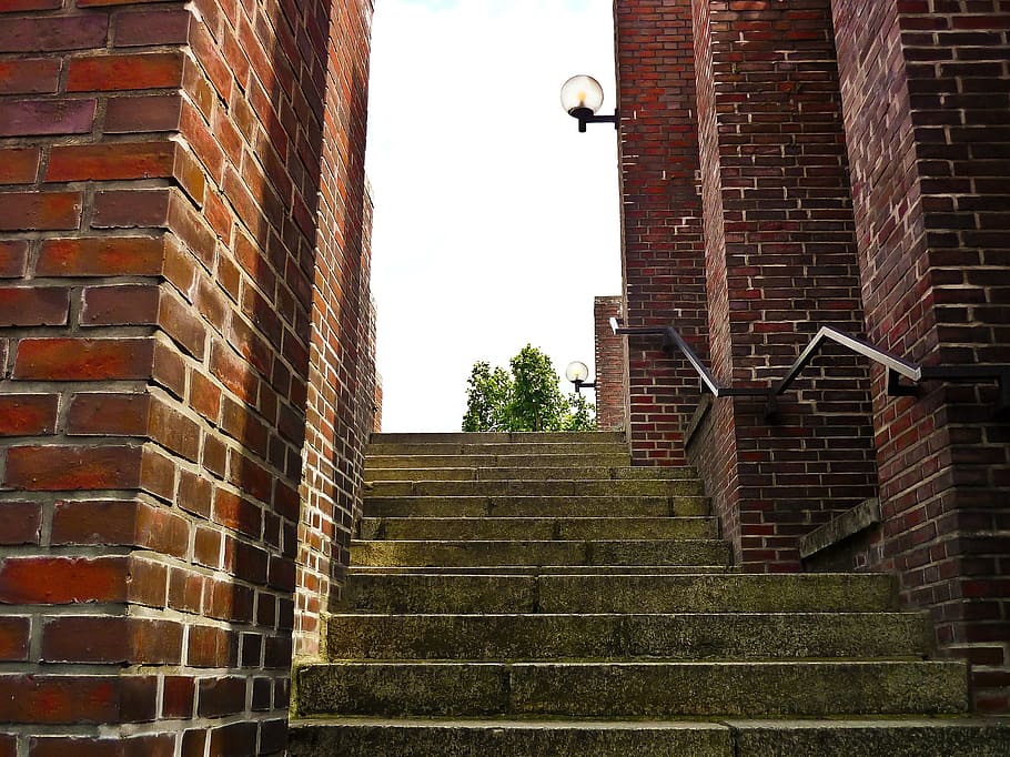 stairs, brick, building, gradually, staircase, stair step, back light HD wallpaper