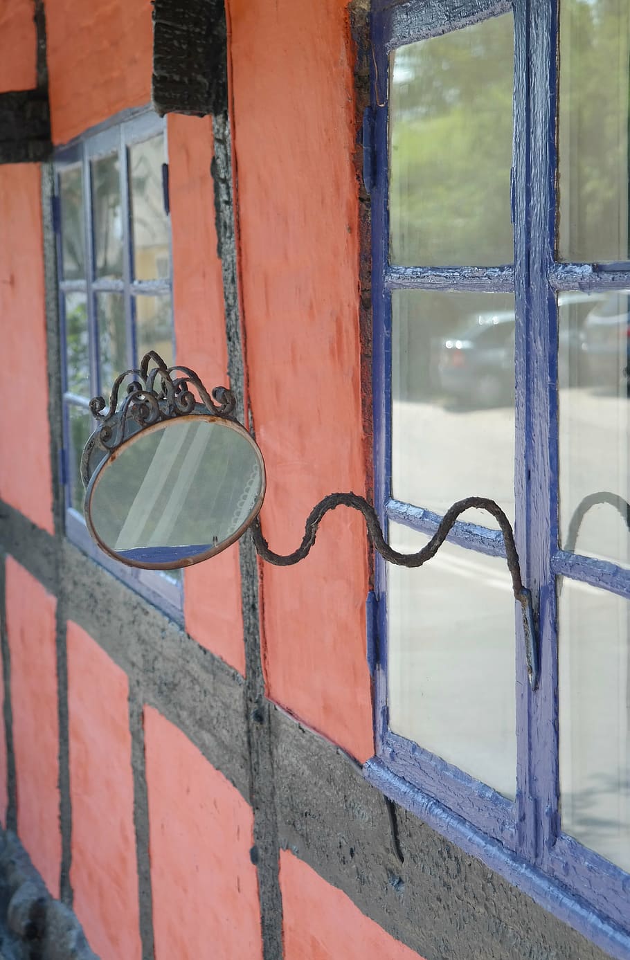 mirror, house, red, blue, window, timbered, bornholm, denmark HD wallpaper