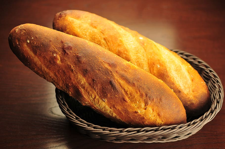two narrow breads in basket, homemade bread, french bread, food HD wallpaper