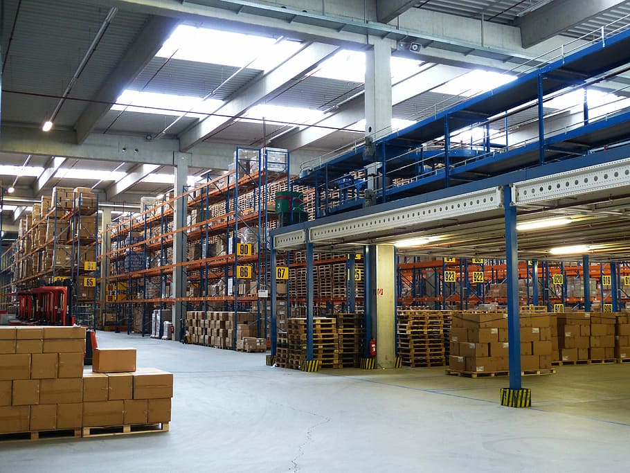photo of blue metal rack, factory, industrial hall, logistics, HD wallpaper