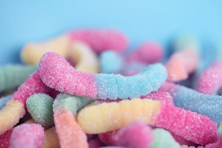 gummy worms, assorted-color sugar coated gums lot, macro, dessert