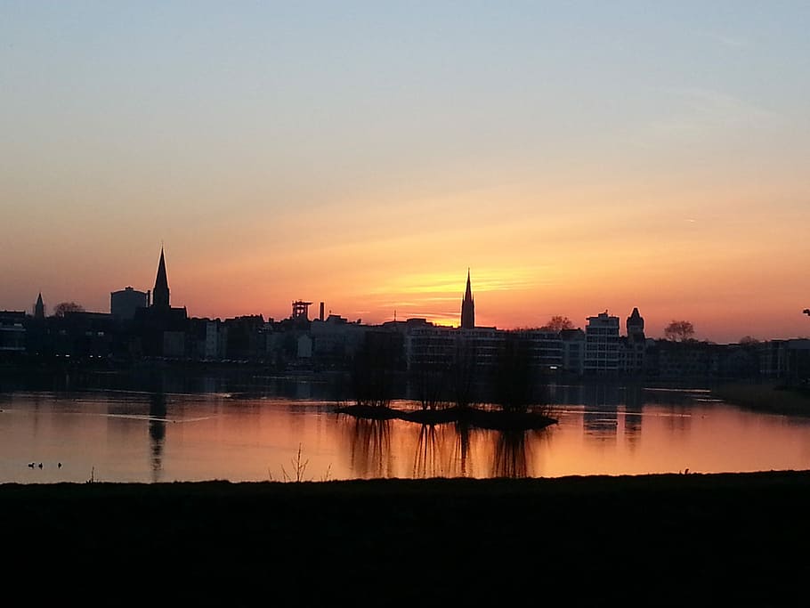 Dortmund, Sunset, Panorama, reflection, river, architecture HD wallpaper