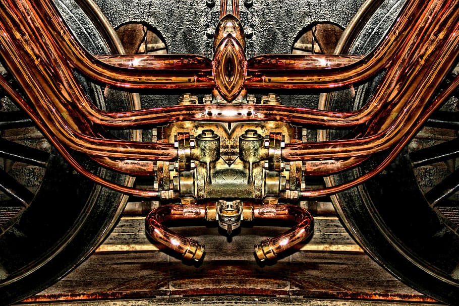 engine, copper, steam engine, train, reflective, wheel, locomotive HD wallpaper