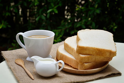 bread near coffee filled mug, food, breakfast, cup, morning HD wallpaper