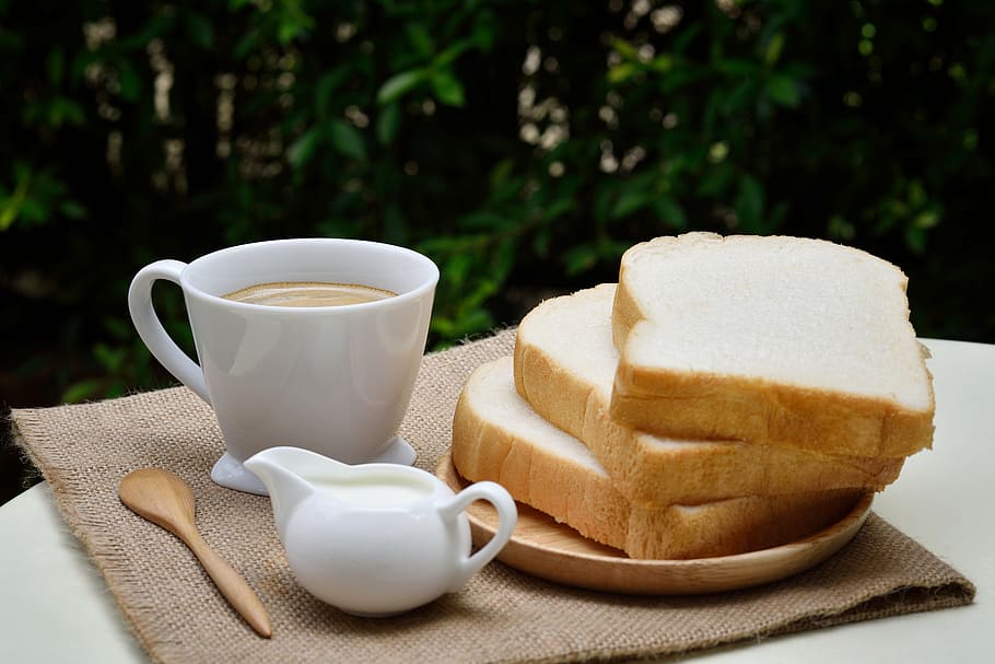 bread near coffee filled mug, food, breakfast, cup, morning HD wallpaper