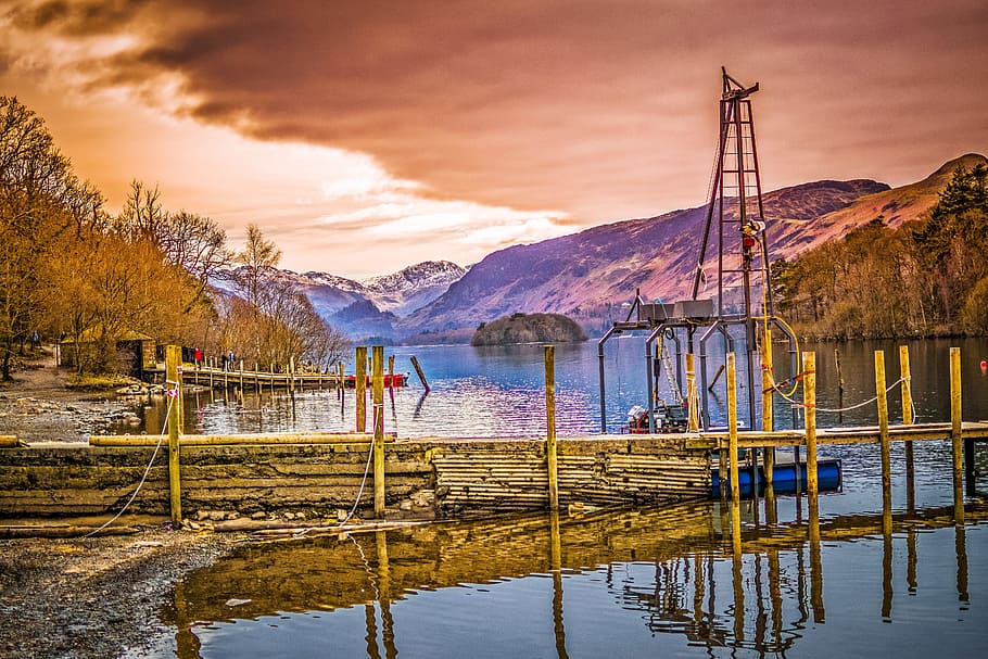 Brown Wooden Bridge Near Mountains and Body of Water, beautiful HD wallpaper