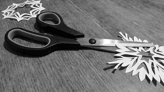 scissors, cut, paper, tool, sharp, metal, craft scissors, black white HD wallpaper