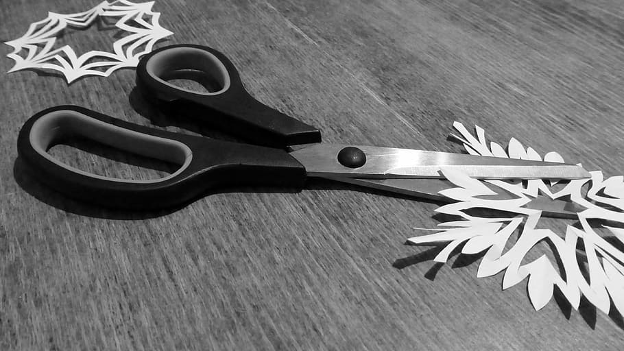 scissors, cut, paper, tool, sharp, metal, craft scissors, black white HD wallpaper