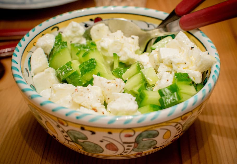 cucumber salad, mozzarella, shell, vegetables, raw food, eat HD wallpaper