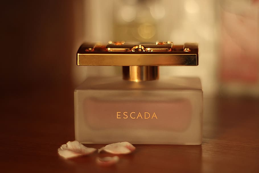 Escada Perfume Bottle on Table, blur, blurred background, brand