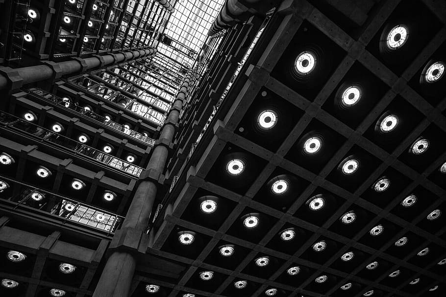 Wide-angle interior shot of the Lloyds Building in the City of London. Image captured with a Canon 5D DSLR, HD wallpaper