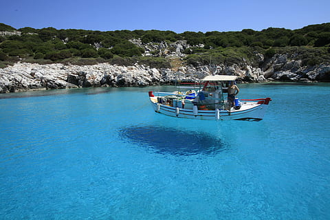 white boat on body of water near mountains during daytime, Skyros HD wallpaper