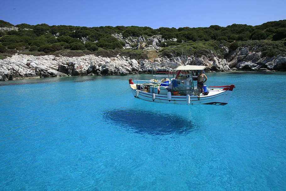 white boat on body of water near mountains during daytime, Skyros HD wallpaper