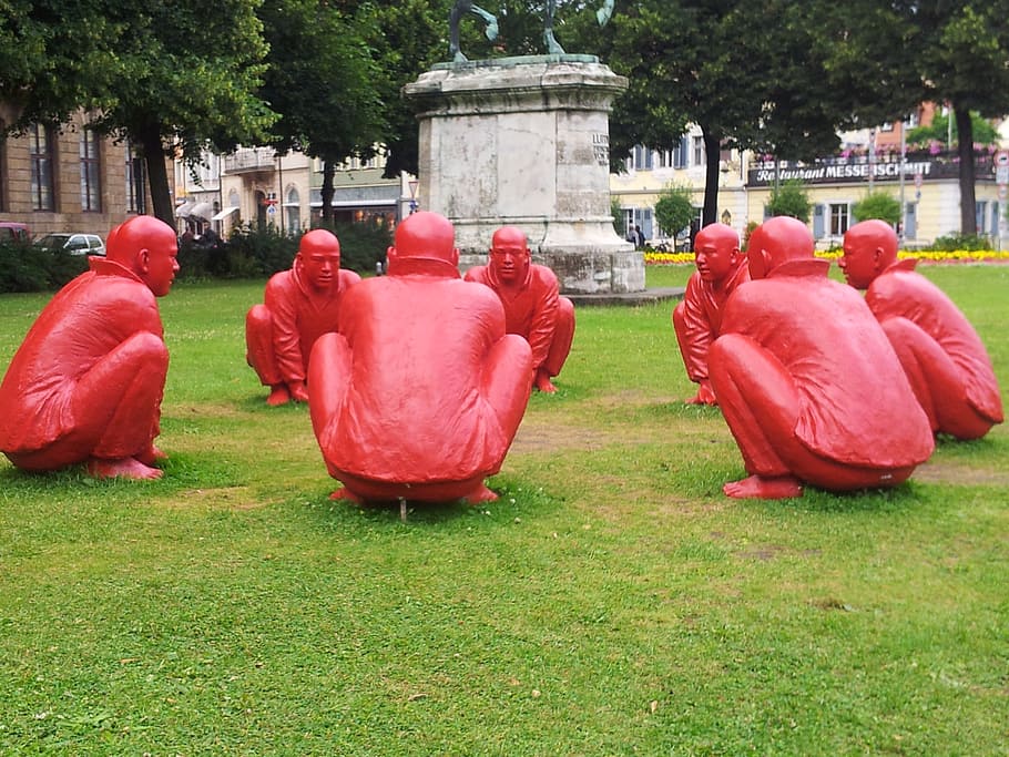red one, group, bamberg, artists, grass, plant, group of people HD wallpaper