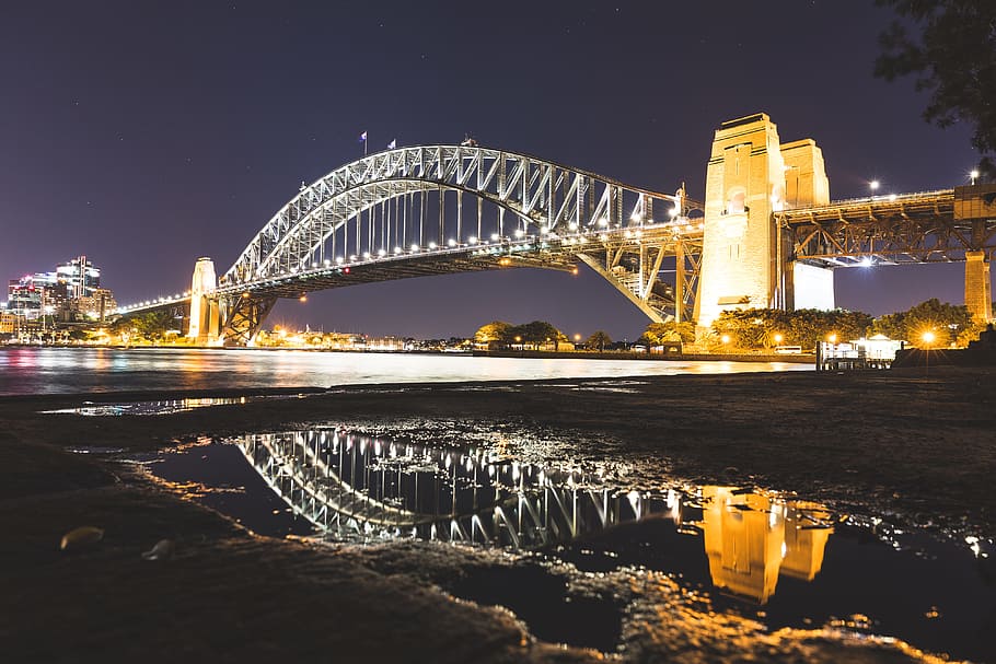 reflection photography of bridge, gray concrete bridge above body of water HD wallpaper