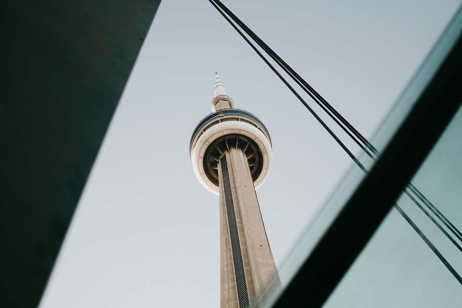 worms eye view of white tower building, low angle photography of TV tower HD wallpaper