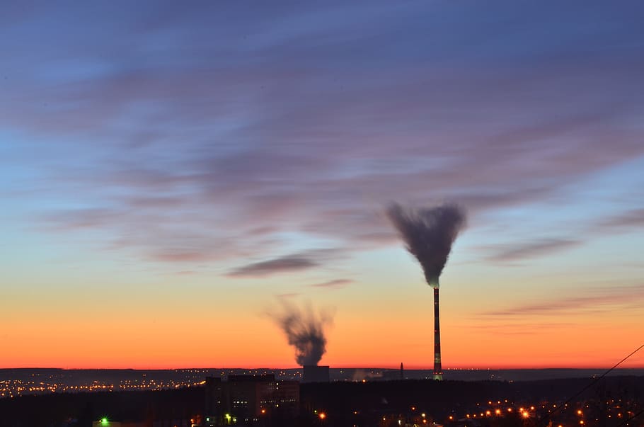 evening, sunset, sky, clouds, trumpet, smoke, facilities, factory HD wallpaper