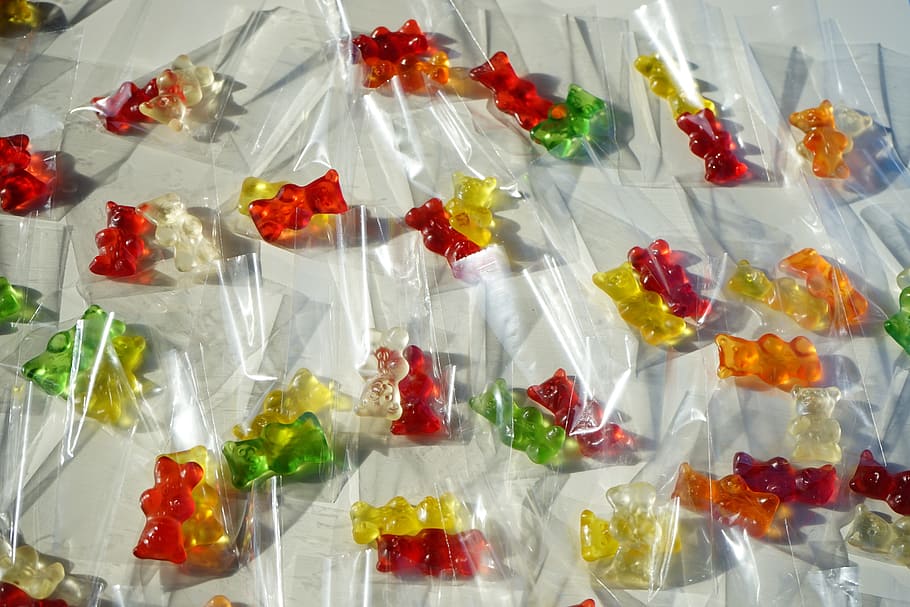 Gummi Bears, Packed, Sachets, mitbringsel, cellophane, fruit gums, HD wallpaper