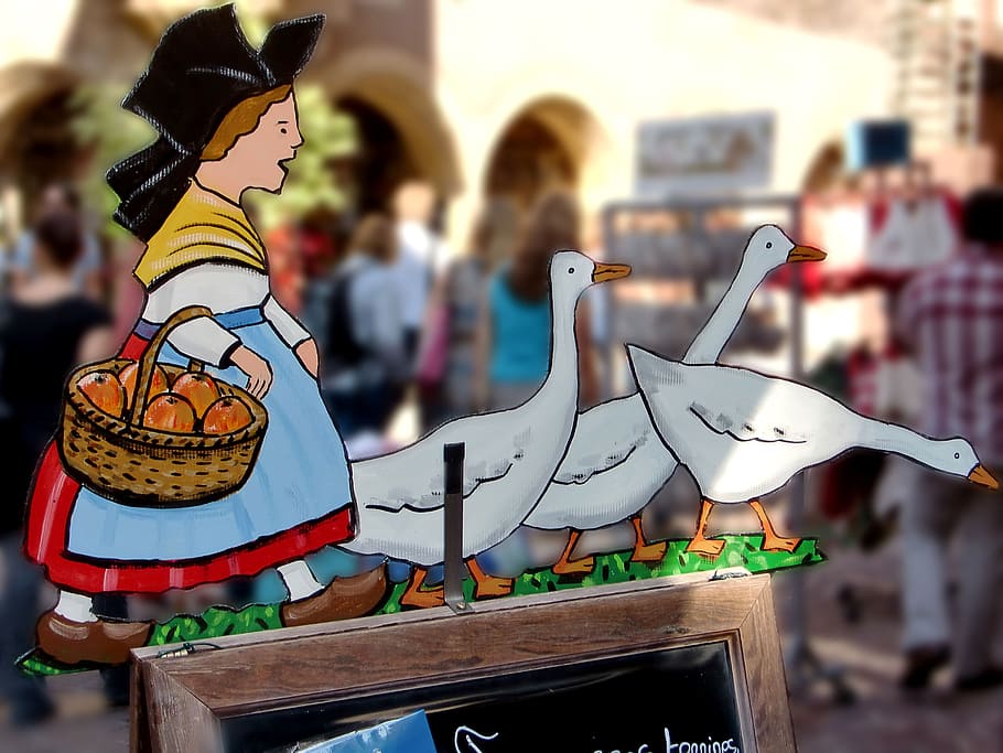 shield, board, note, sign, geese, figure, basket, woman, traditionally HD wallpaper