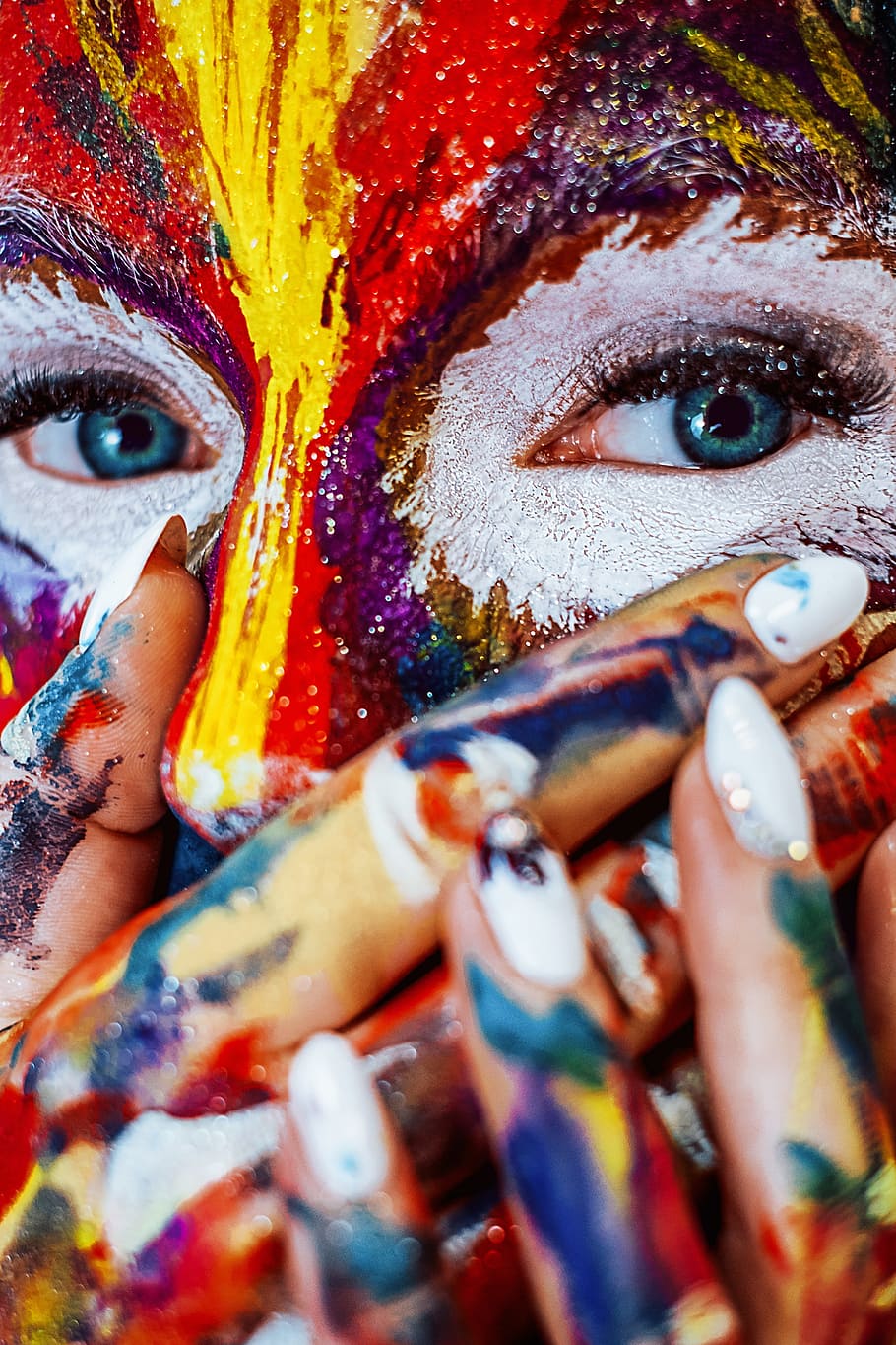 woman covering her mouth, paint, makeup, cracky, girl, cosmetics, HD wallpaper