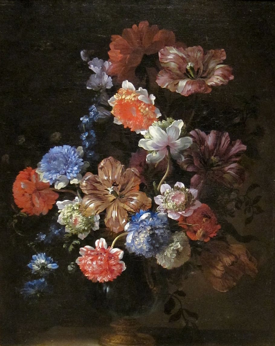 blue, pink, brown, and red flower painting, jean-baptiste monnoyer