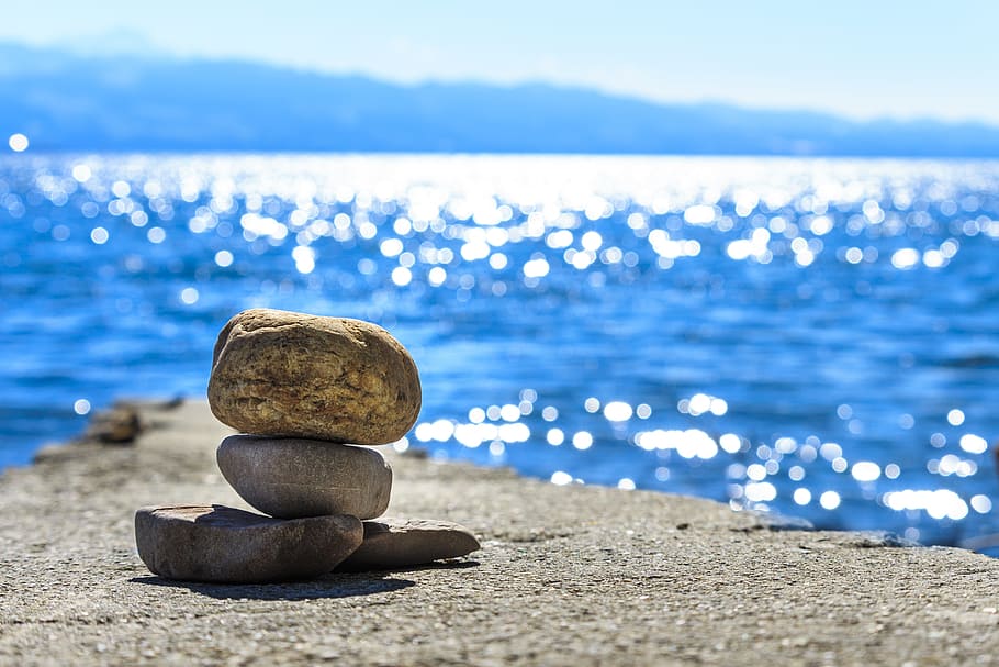 grey balancing stones, cairn, background, water, yoga, mood, landscape