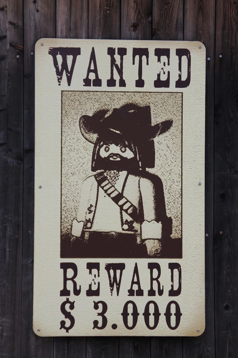 wanted reward $3,000 signage, bandit, playmobil, shield, western, HD wallpaper