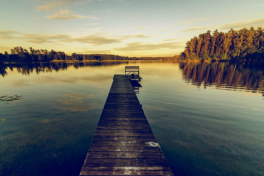 brown wooden dock on lake during daytime, sky, reflection, water, HD wallpaper