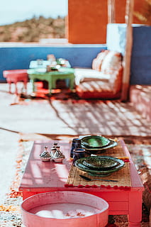 Moroccan Dining, square red wooden table inside room, wall, summer HD wallpaper