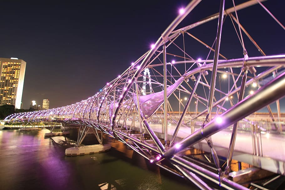 metallic suspension lighted bridge under clear sky at night time HD wallpaper
