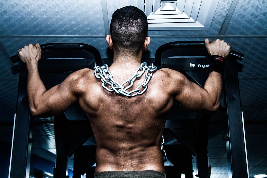 man pull his self on black pull up bar with chains on his shoulder, HD wallpaper