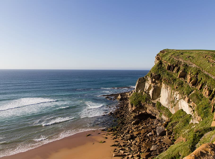 beach, cliff, suances, sea, water, sky, horizon over water HD wallpaper